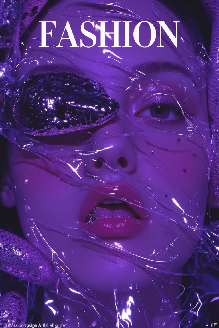 A close-up shot of a woman's face, encased within a plastic film-like wrapping, bathed in a rich purple hue with scattered white dots. The ring of purple lights framing her head adds a splash of color to the otherwise monochromatic background. A serpent coiled around her features, creating a striking visual tension. At the top, bold white font reads FASHION amidst the plastic film's grid pattern, as if trapped within its confines.