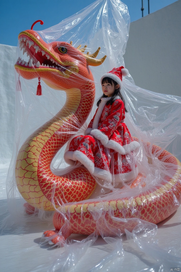Plastic wrap covers the entire scene, A girl in a Christmas costume sits on a giant Chinese dragon,loong,plastic film