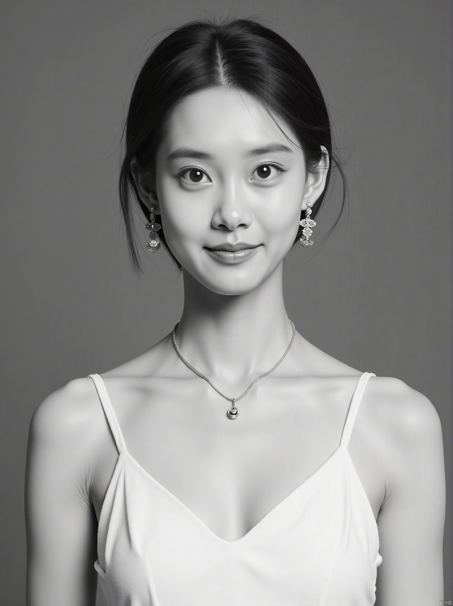 Cinematic, portrait, Kodak 5207 65mm flim, Shot by Arri Alexa 65 IMAX, Ultra photoreal, Insane Details, 32K, black and white image,Realistic, --ar 3:4 --style raw --s 750 --v 6.0 --sref, 1girl, solo, breasts, looking at viewer, short hair, simple background, brown hair, dress, cleavage, bare shoulders, brown eyes, jewelry, medium breasts, closed mouth, collarbone, upper body, earrings, grey background, necklace, white dress, lips, realistic
