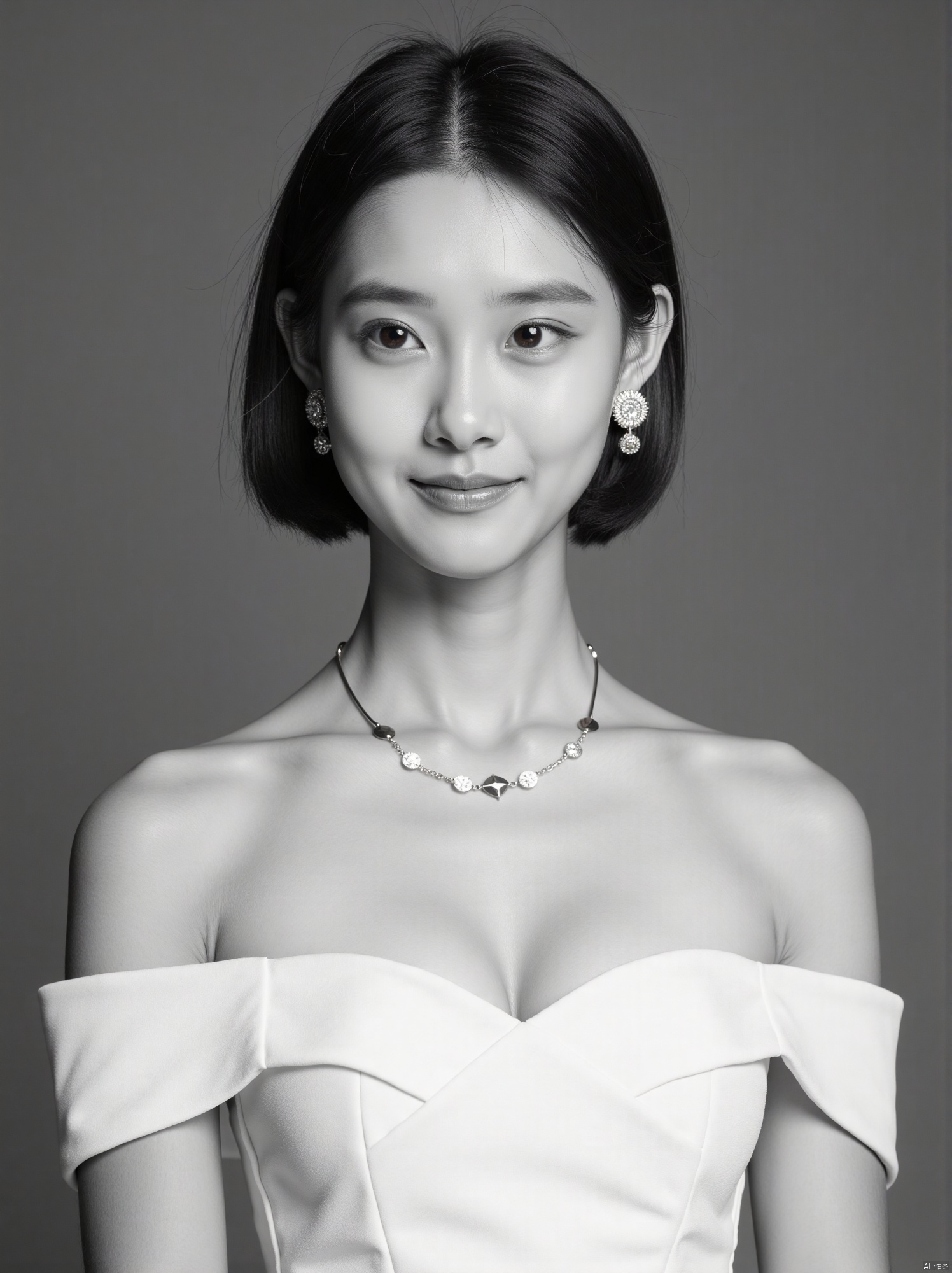 Cinematic, portrait, Kodak 5207 65mm flim, Shot by Arri Alexa 65 IMAX, Ultra photoreal, Insane Details, 32K, black and white image,Realistic, --ar 3:4 --style raw --s 750 --v 6.0 --sref, 1girl, solo, breasts, looking at viewer, short hair, simple background, brown hair, dress, cleavage, bare shoulders, brown eyes, jewelry, medium breasts, closed mouth, collarbone, upper body, earrings, grey background, necklace, white dress, lips, realistic
