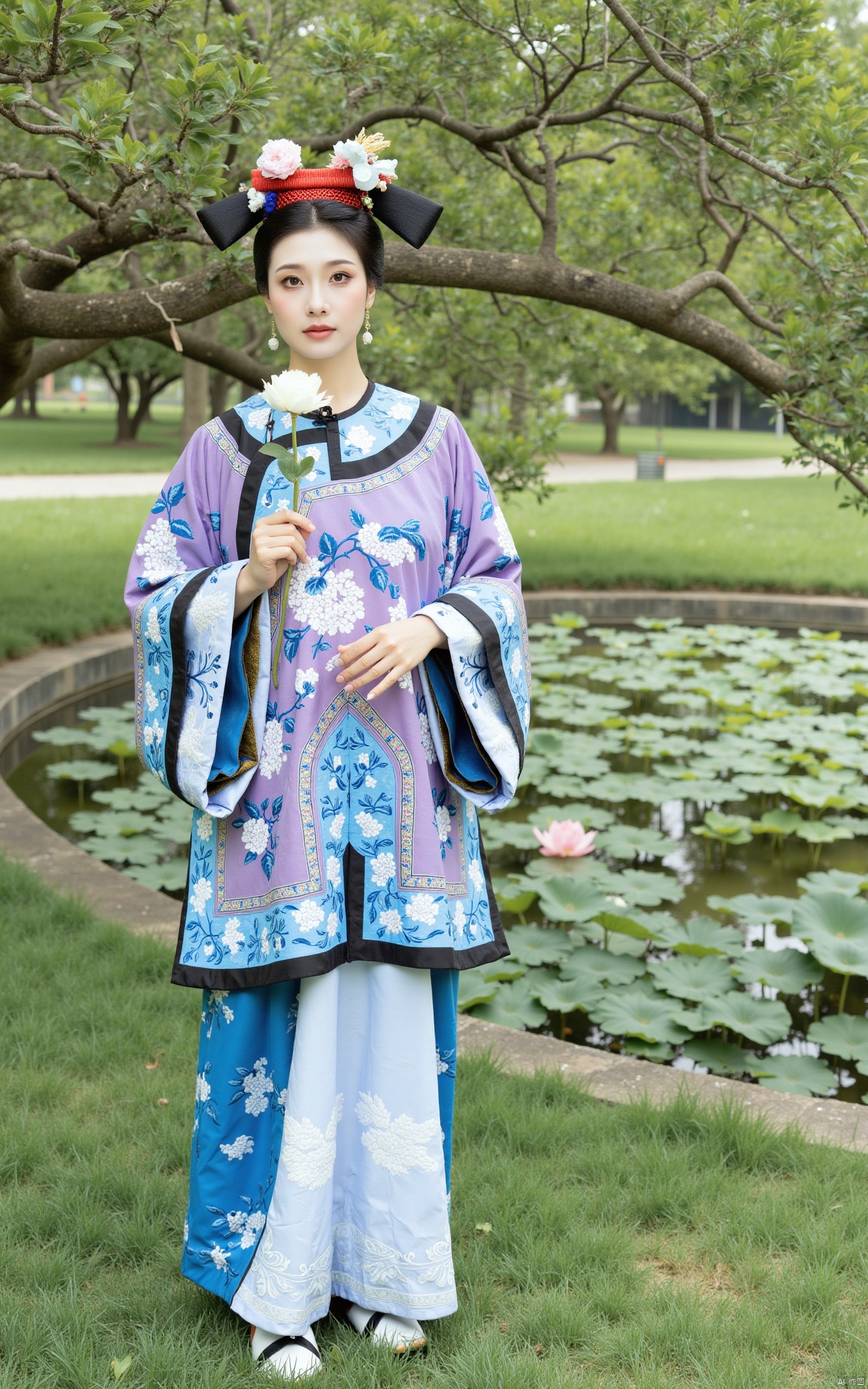  masterpiece,1girl,solo,black hair,(Standing by the lotus pond in the garden:1.3),black eyes,beautiful face,holding flower,looking at viewer,(huge breasts:2.59),(full breasts:1.99),Xqinghanfu,Xtanghanfu,Xzhigui