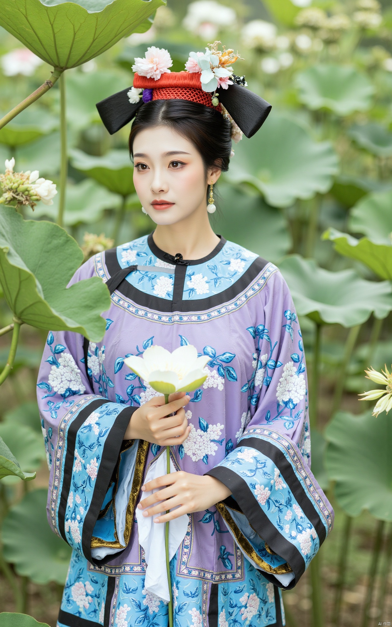  masterpiece,1girl,solo,black hair,(Standing by the lotus pond in the garden:1.3),black eyes,beautiful face,holding flower,looking at viewer,(huge breasts:2.59),(full breasts:1.99),Xqinghanfu,Xtanghanfu,Xzhigui