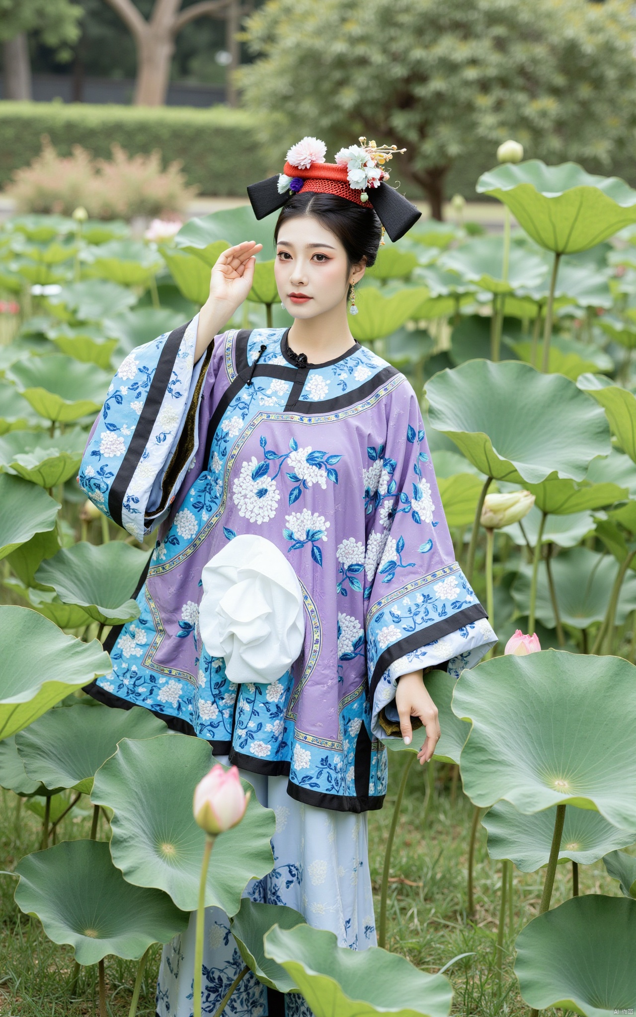  masterpiece,1girl,solo,black hair,(Standing by the lotus pond in the garden:1.3),black eyes,beautiful face,holding flower,looking at viewer,(huge breasts:2.59),(full breasts:1.99),Xqinghanfu,Xtanghanfu,Xzhigui