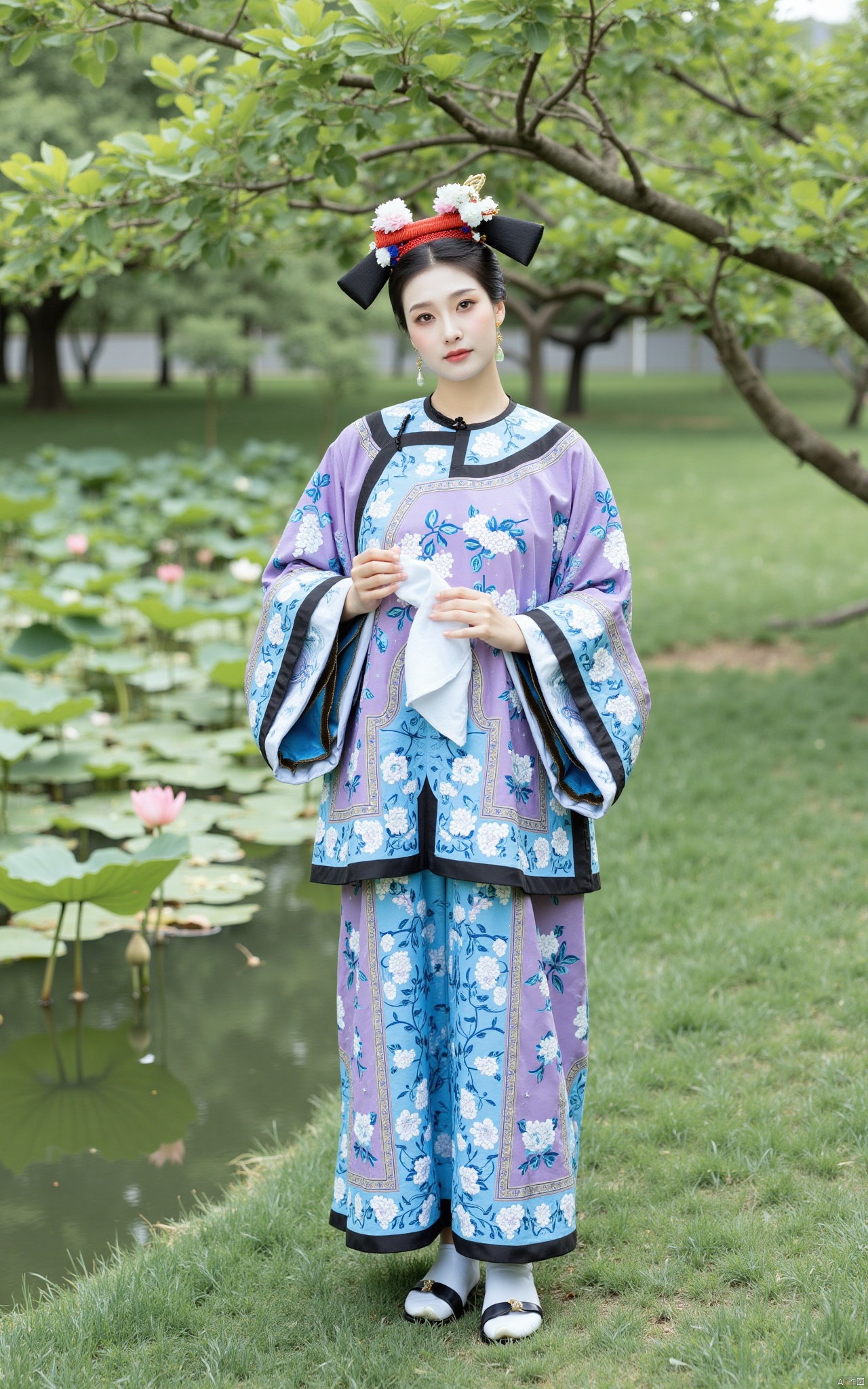  masterpiece,1girl,solo,black hair,(Standing by the lotus pond in the garden:1.3),black eyes,beautiful face,holding flower,looking at viewer,(huge breasts:2.59),(full breasts:1.99),Xqinghanfu,Xtanghanfu,Xzhigui
