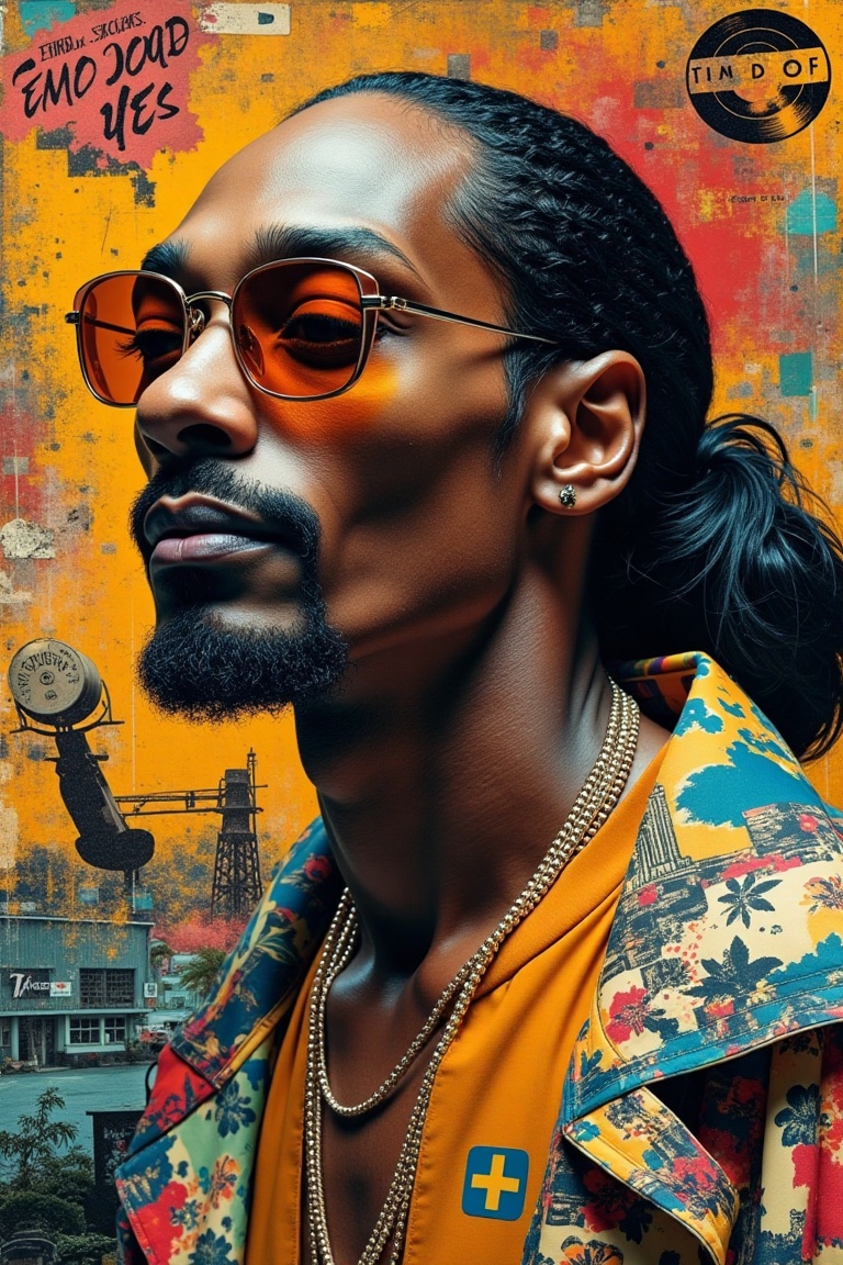 An innovative fcollage portrait of Snoop Dogg,  blending his iconic image with various artistic elements. Snoop is depicte...