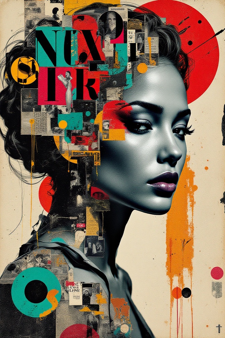 A bold,  mixed-media portrait of Jennifer Lopez : a face silhouette collaged from textured magazine clippings. The composi...