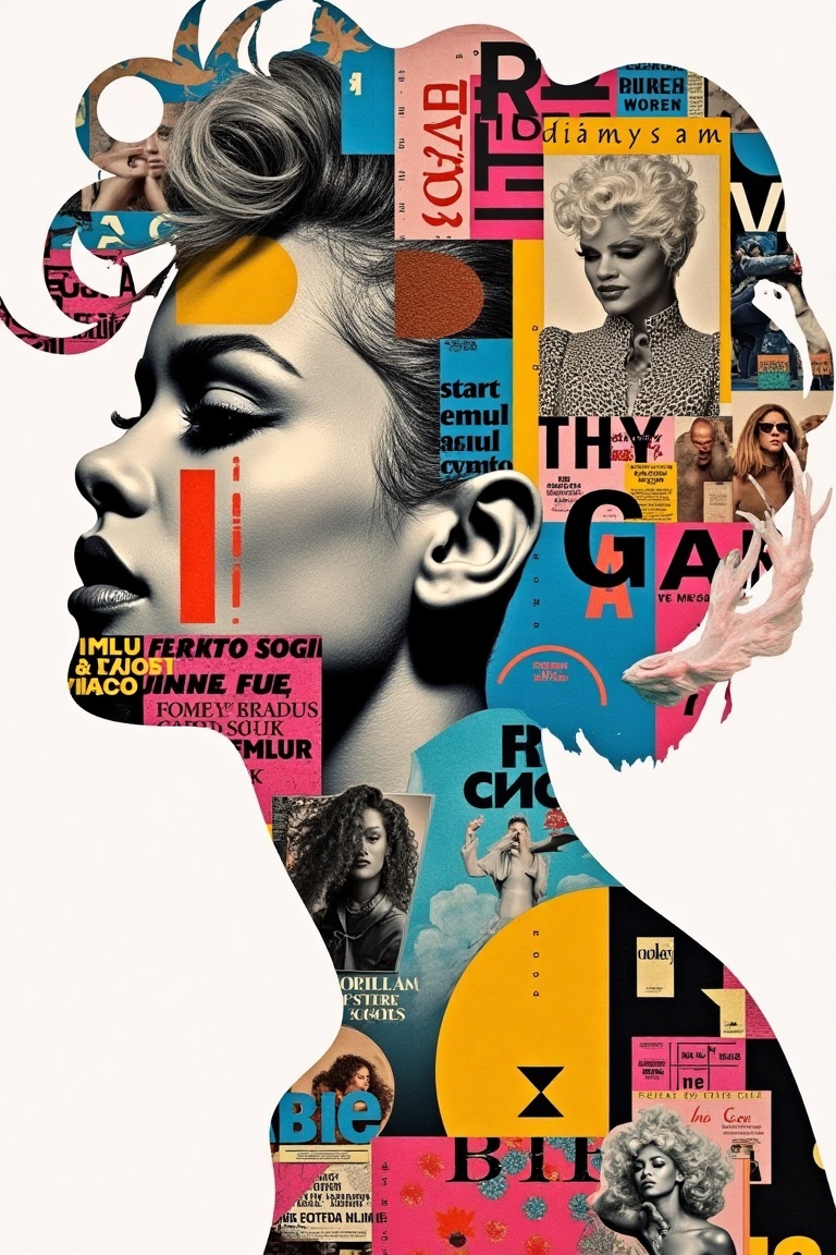 Madonna's iconic face silhouette formed by a mixed-media collage,  a kaleidoscope of vibrant colors,  textures on Tensor.Art