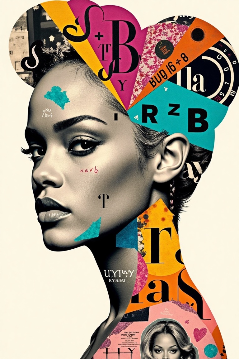 Rihanna's iconic face silhouette formed by a mixed-media collage,  a kaleidoscope of vibrant colors,  textures on Tensor.Art
