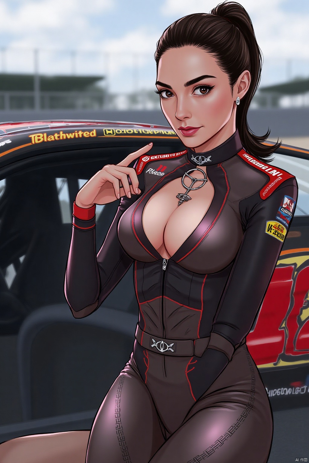 1girl,sitting,car,racing driver, racing suit, tights, racing track, cleavage, high ponytail,Gal Gadot
