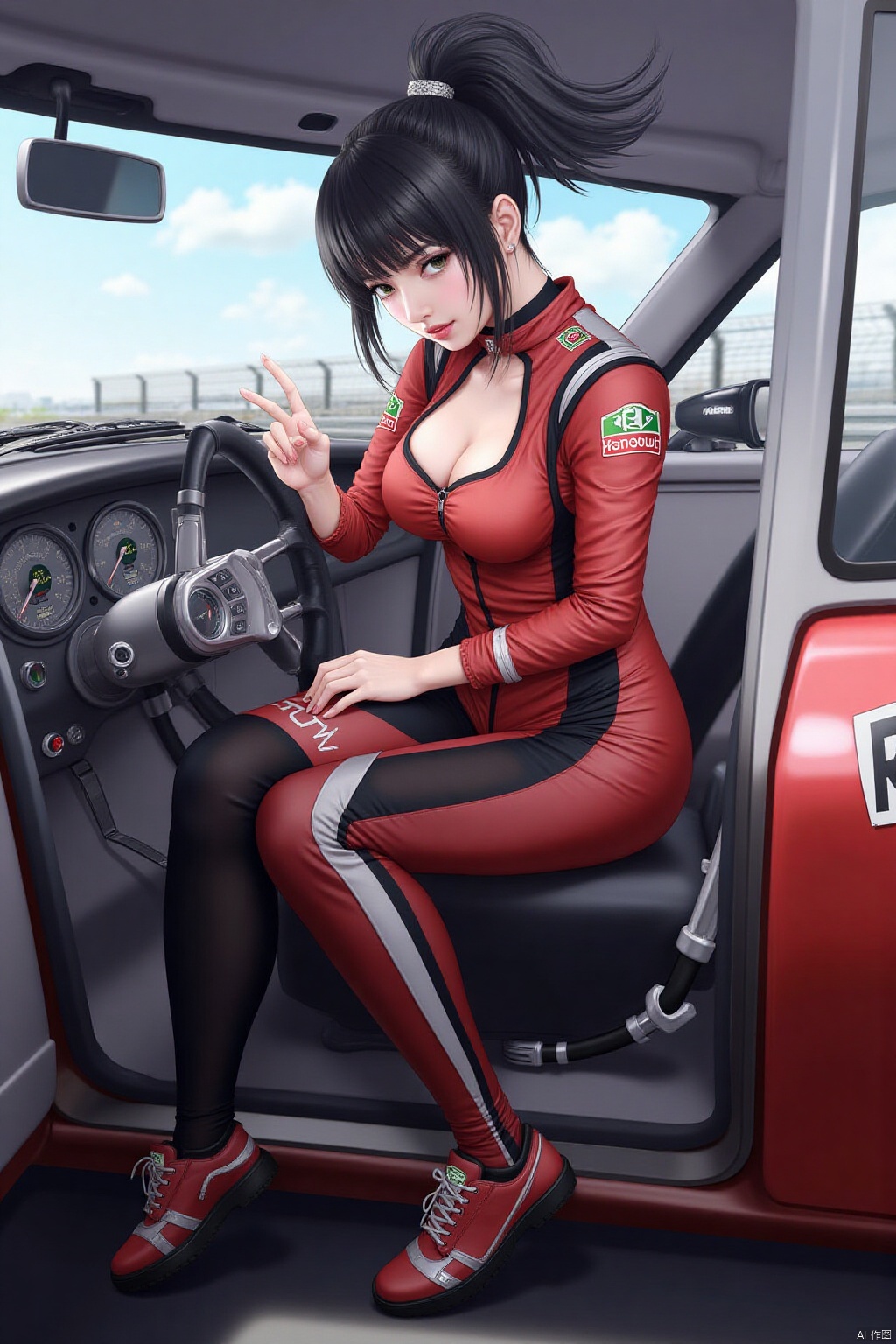 1girl,sitting,car,racing driver, racing suit, tights, racing track, cleavage, high ponytail,Lisa. realistic.