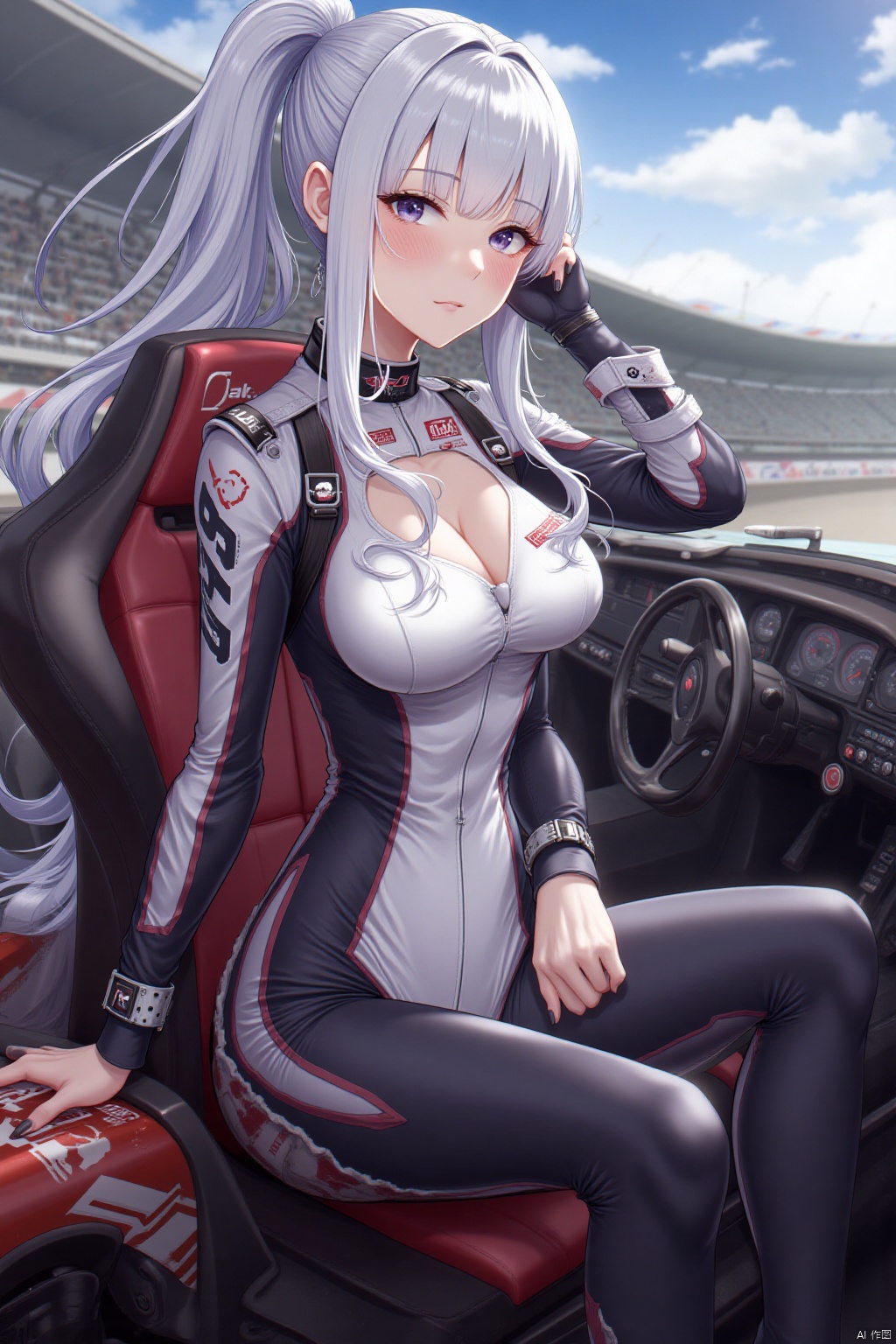 1girl,sitting,car,racing driver, racing suit, tights, racing track, cleavage, high ponytail,IMPROVED