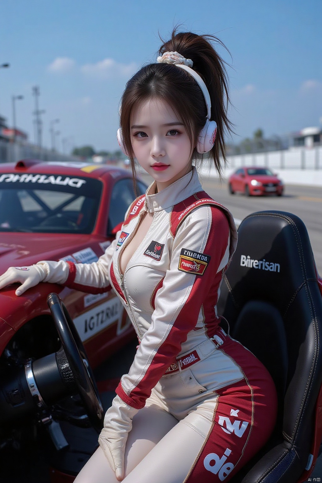 1girl,sitting,car,racing driver, racing suit, tights, racing track, cleavage, high ponytail
