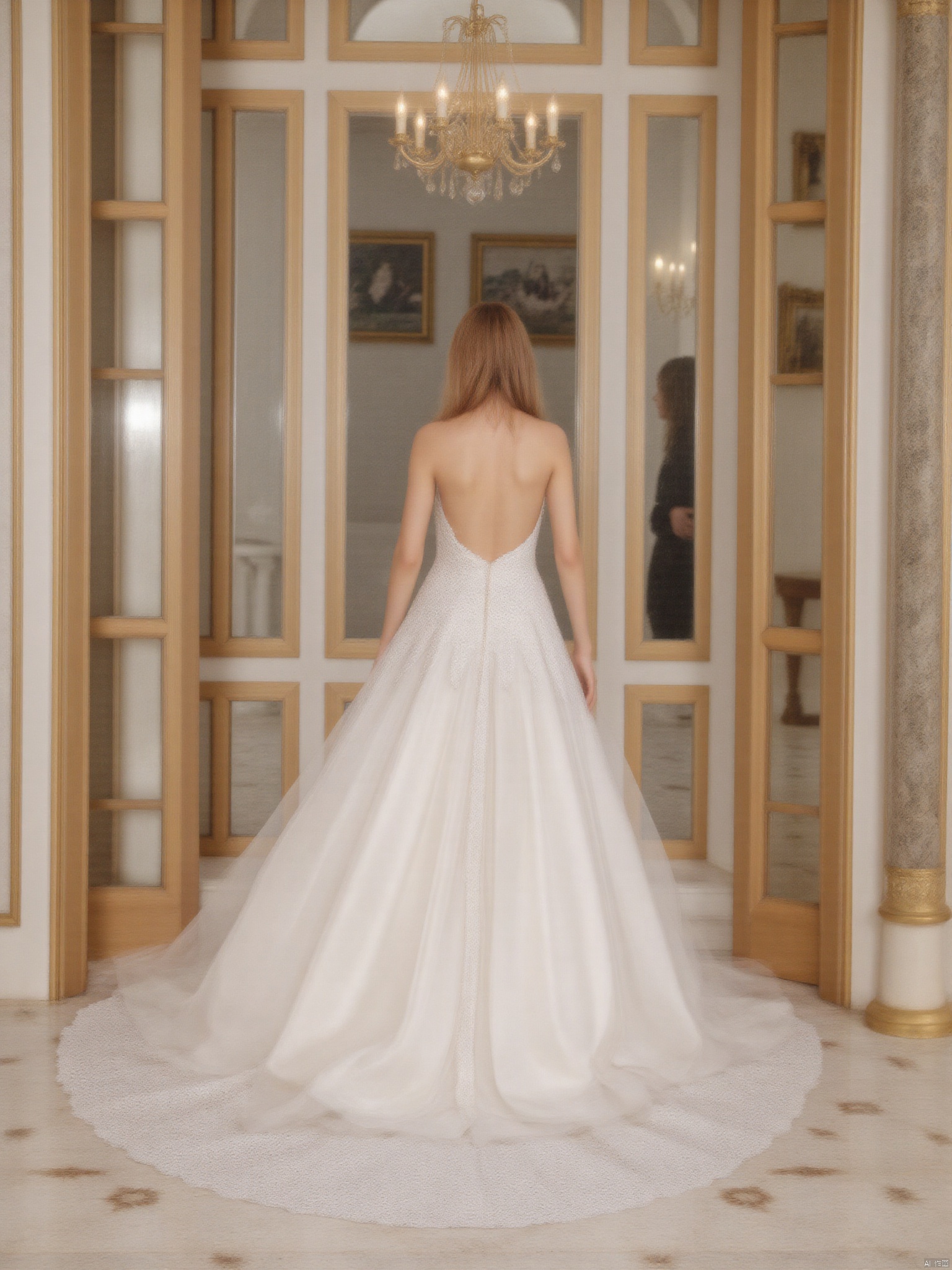 A girl in a long, elegant, ivory wedding dress is positioned in the center of a lavish, light-filled hall.  The dress is a full-length, ballgown style, with intricate, delicate lace appliqués cascading down the skirt and throughout the bodice. The dress's fabric appears smooth and flowing, with a soft satin texture.  The woman is seen from the back, showcasing the deep v-neckline detail.  The hall is grand, featuring ornate, gold-accented trim and elaborate architecture.  The walls are adorned with framed paintings, and a large, crystal chandelier hangs from the high ceiling. The lighting is bright and even, casting no harsh shadows, highlighting the details of the dress and the hall. The overall style is classic, sophisticated, and luxurious. The perspective is from slightly above, looking down at the dress. The color palette is dominated by ivory, cream, gold, and faint beige tones, creating a warm and inviting atmosphere.,Lisa,AIDMAREALISTICPEOPLEPHOTOGRAPH,MNMK