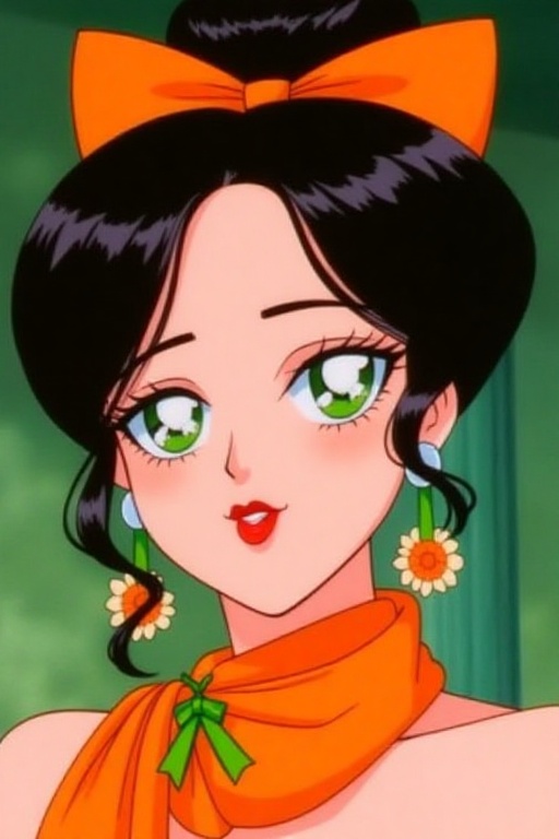 a medium-sized animated woman's head is adorned with an orange bow,  adorned with a green ribbon. Her hair is pulled back...