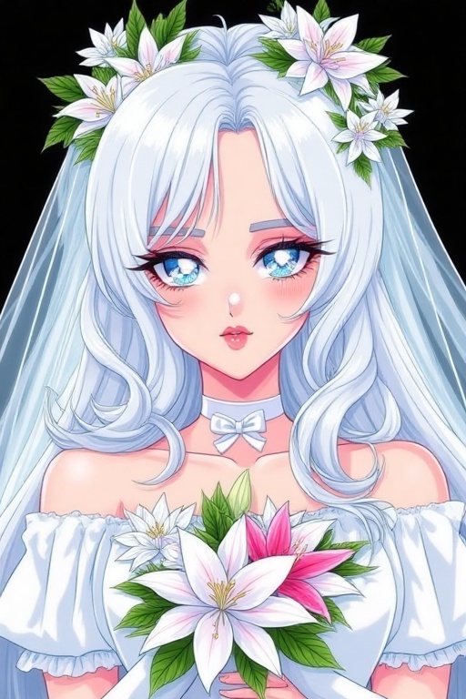 a close-up shot captures a woman's face adorned with a white wig,  adorned with white flowers and a white ribbon. Her hair...