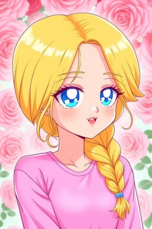 A cartoon drawing of a blonde haired girl with blue eyes and a pink shirt. The girl's hair is braided and she is standing...