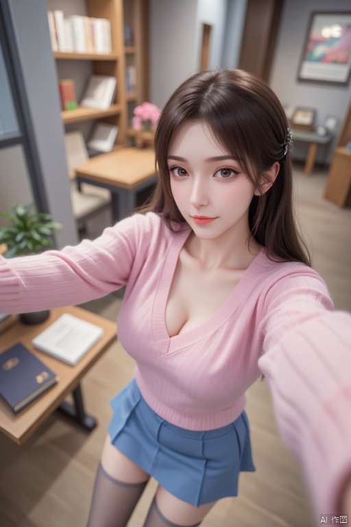 Masterpiece, best quality, high quality, (colorful), small chest, (white hair: 1.4), (long legs: 1.3), (thin legs: 1.3), Masterpiece, best quality, high quality, (colorful), small chest, (white hair: 1.4), (long legs: 1.3), (thin legs: 1.3), 1girl, bangs, blue_skirt, blurry, blurry_background, blurry_foreground, blush, book, breasts, brown_eyes, brown_hair, closed_mouth, collarbone, depth_of_field, eyebrows_visible_through_hair, long_sleeves, looking_at_viewer, mole, mole_under_eye, outstretched_arm, pink_sweater, selfie, skirt, smile, solo, sweater, thighhighs