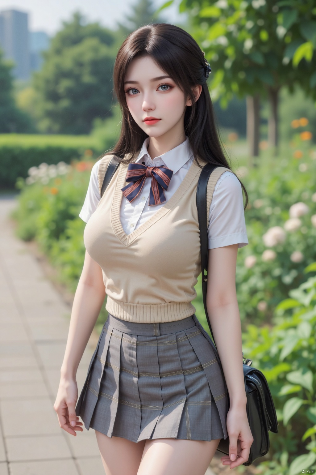 Masterpiece, the best quality, high quality, (colorful) , big breasts,,(black hair:1.4),(long legs:1.3), (cowboy_shot), (Good structure),masterpiece,best quality,high quality,loli,(artist:ningen_mame:0.9),(artist:sho_(sho_lwlw):0.9),(artist:rhasta:0.9),(artist:wlop:0.7),(artist:ke-ta:0.6),Artist himitsu_\(hi_mi_tsu_2\),(tianliang duohe fangdongye:0.5),(hiten \(hitenkei\):0.6),1girl, solo, skirt, green hair, green eyes, school uniform, looking at viewer, bag, long hair, outdoors, plaid skirt, pleated skirt, bow, plaid, shirt, bowtie, blush, short sleeves, school bag, white shirt, blurry, blurry background, sweater vest, vest, cowboy shot, grey skirt, parted lips, striped bow, striped clothes