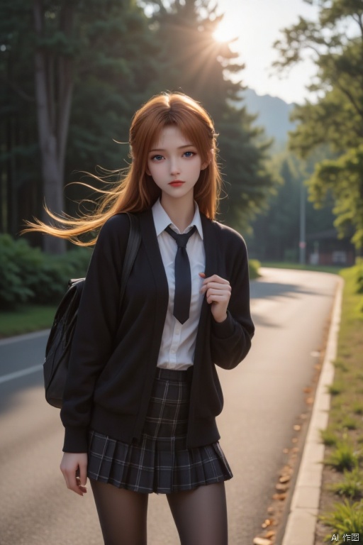 masterpiece, best quality, high quality, (colorful hair), (long legs: 1.3), (good structure), Best quality , masterpiece , ultra high res , raw photo , detail face , detailed skin ,( realistic , photo - realistic :1.3). dramatic lighting . light on face ,1girl, solo , cowboy shot , standing , Copper Hair , Forest , outdoors , looking at viewer , **ile , long hair , bangs , ature female , milf , narrow waist , skinny , open clothes , black pantyhose , black jacket , school uniform , long sleeves , sleeves past wrists , collared shirt , pleated skirt , black skirt , miniskirt , plaid skirt , bag , shoes , black footwear , blazer , cardigan , plaid , school bag , necktie , high school , street , tree , lens flare , wind ,black pantyhose,