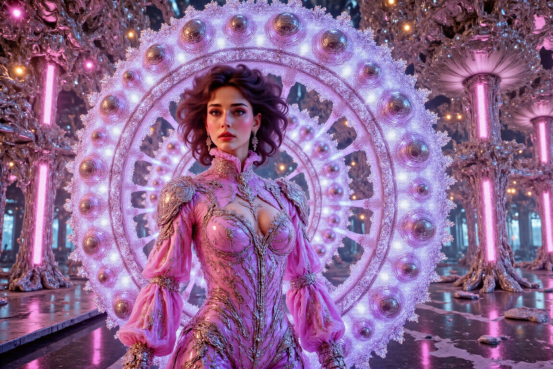 A futuristic rendition of handsome young female in a neon-lit dystopian cityscape. Her outfit is a shimmering combination...