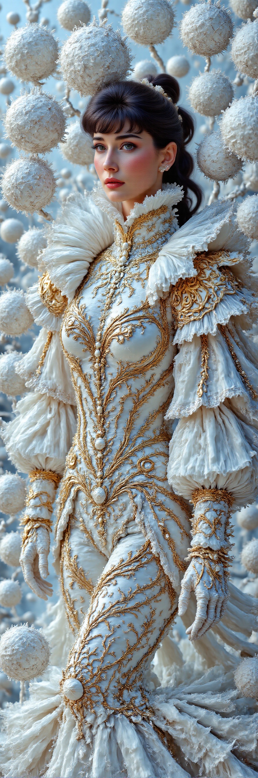 A majestic chiseled female physique emerges on a sunny day. The vibrant white and silver hues of her snowballs-inspired co...