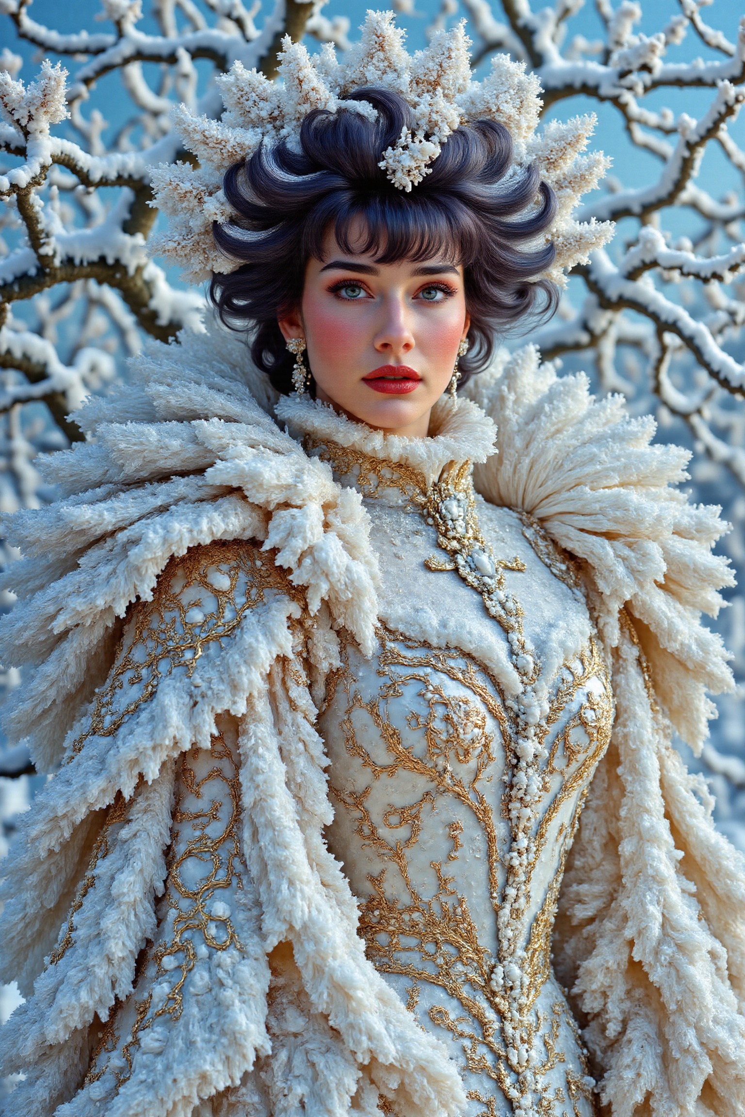 A handsome princess of snow with black hairs,  Standing gracefully in the snow. The background is a tree with very complic...