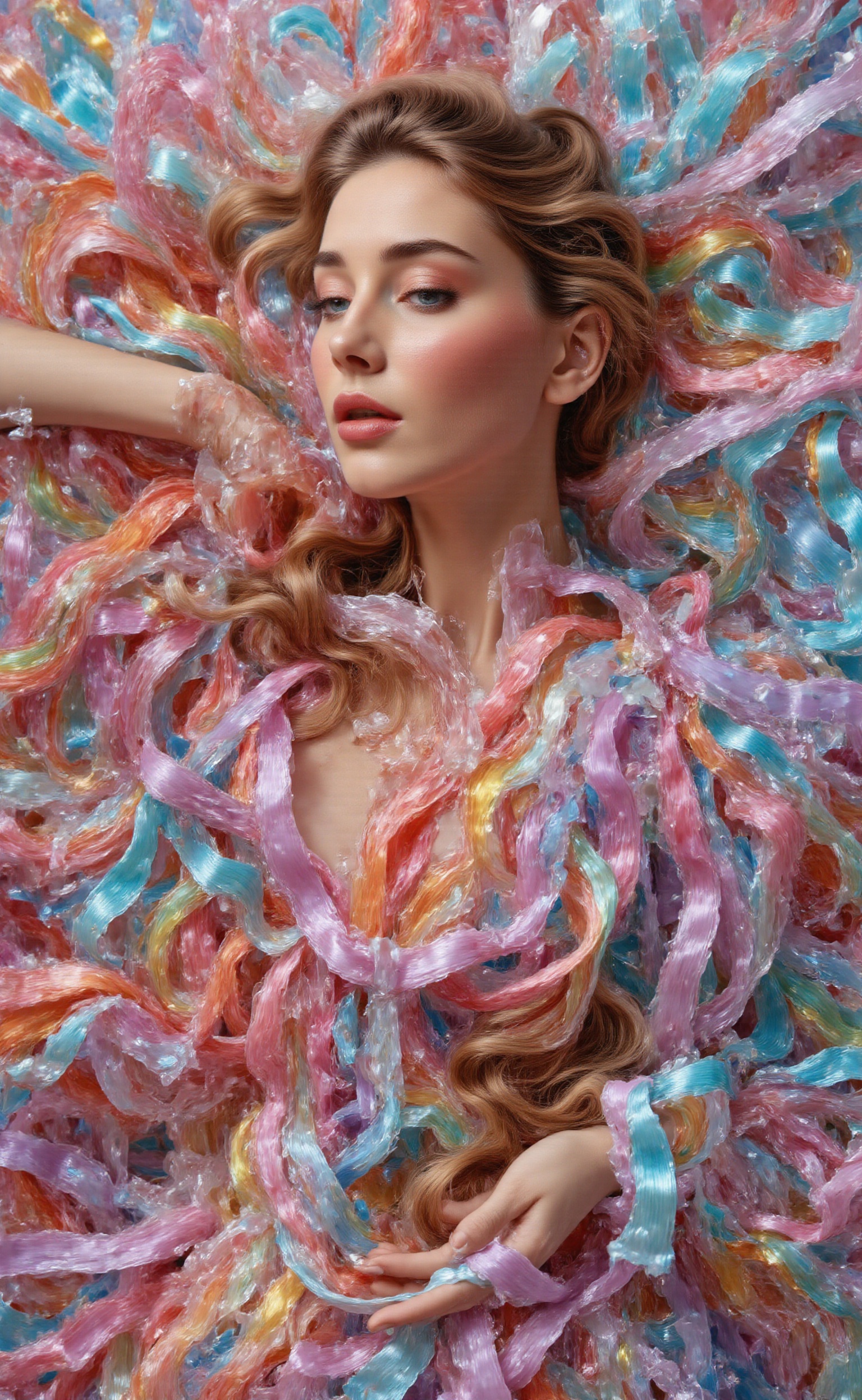 A beautiful woman lay with her long,  loose hair tangled in a large number of rainbow ribbons that sparkle like diamonds i...