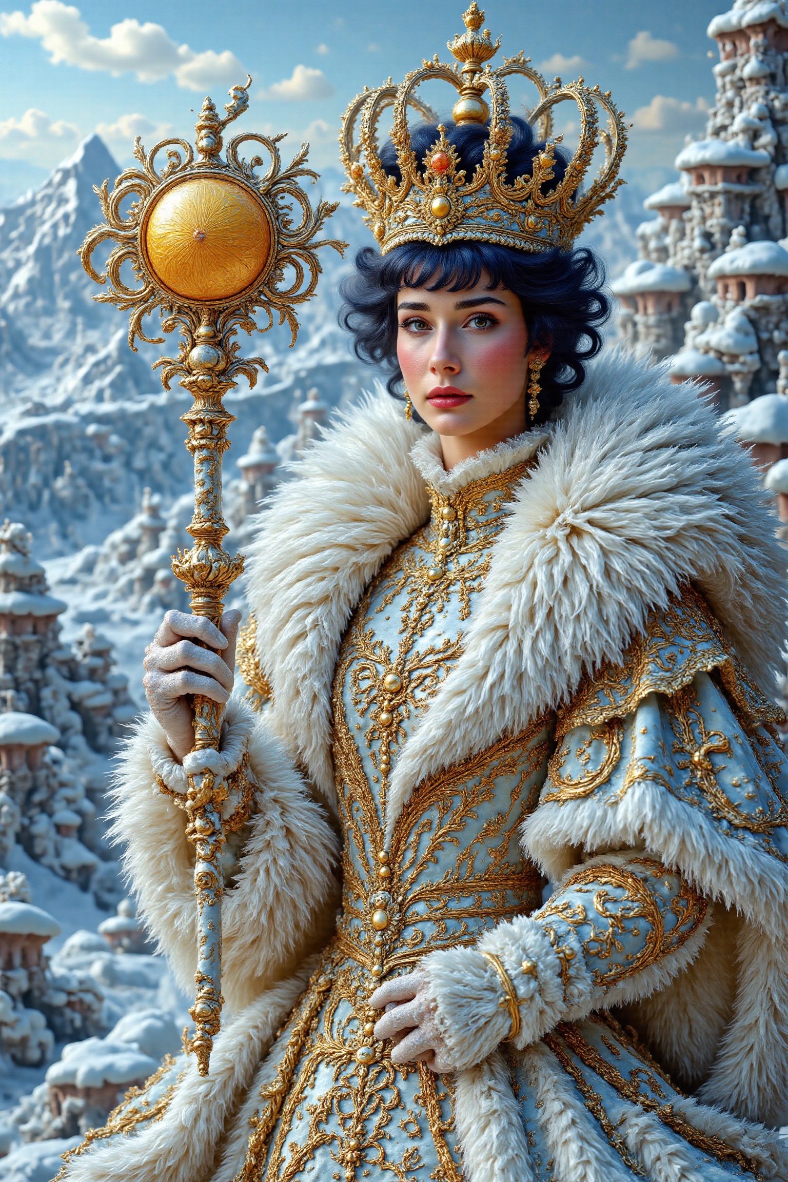 A handsome princess of snow with black hairs,  detailed crown,  a complex and gorgeous wand in hand on a Snow Mountain on...