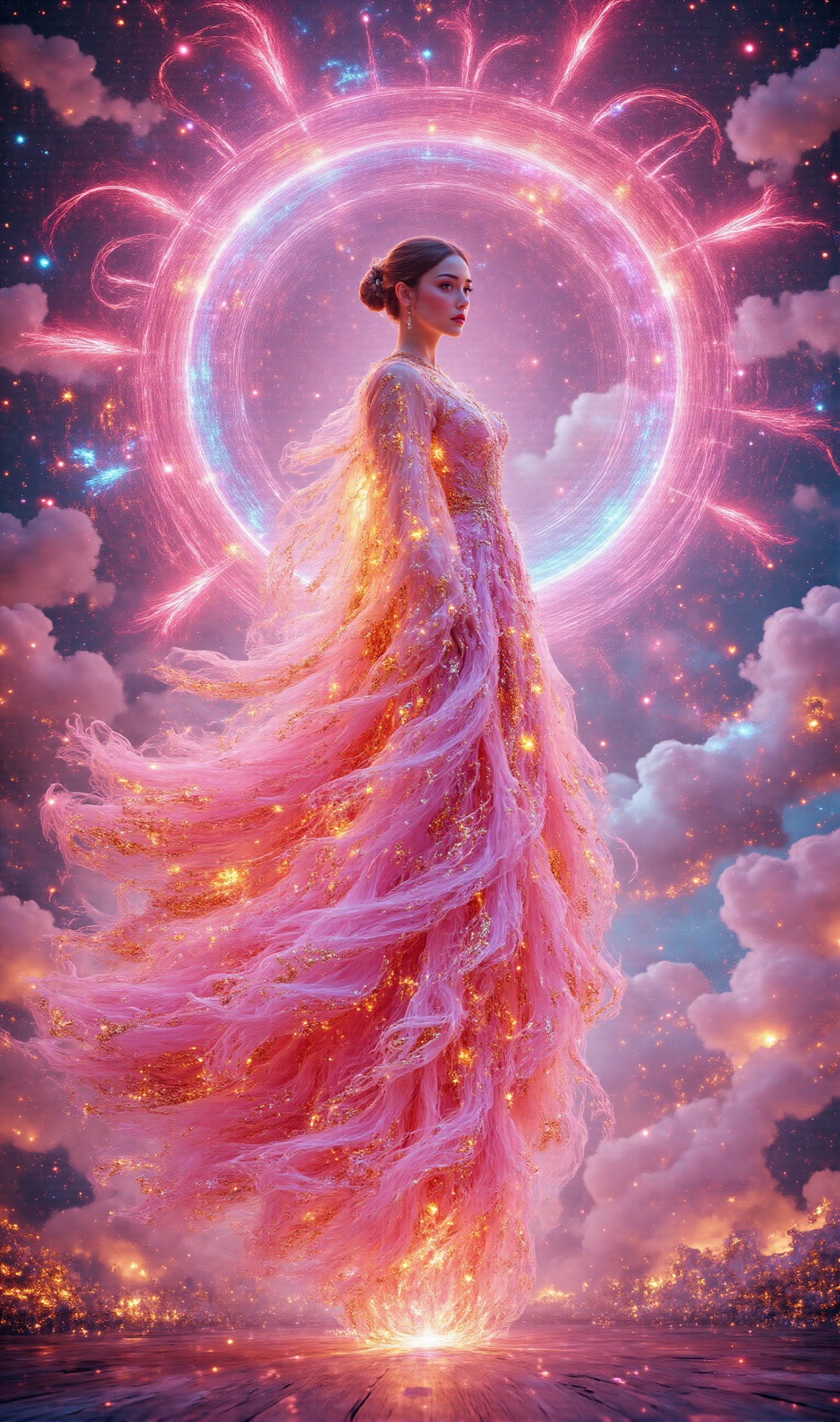 A beautiful woman as elegant as a model,  wearing a fashion dress inspired by fireworks. The dress contains neon lights ar...
