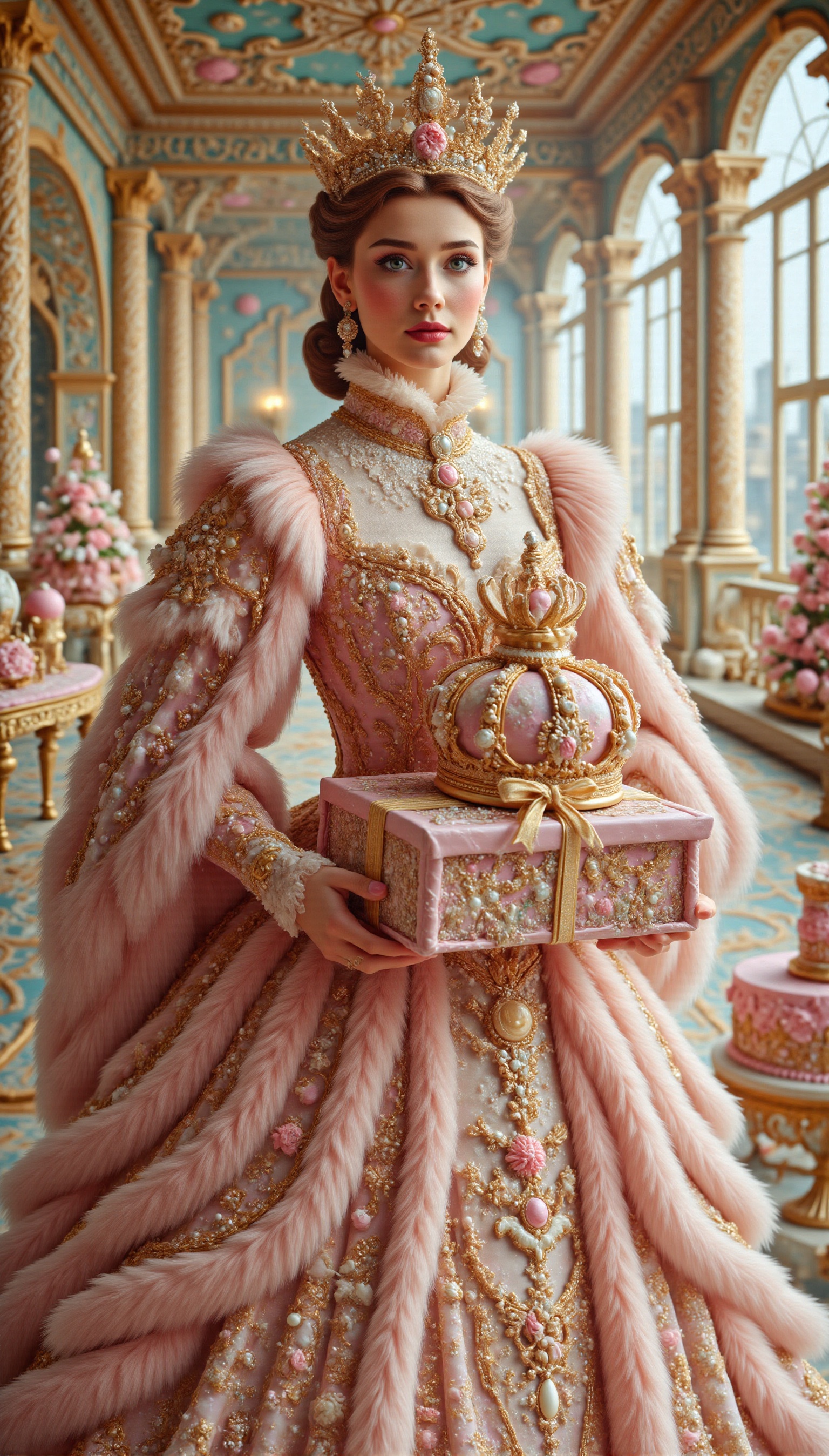 In a print advertisement about gingerbread,  a noble and elegant princess is in a spacious,  bright and gorgeous palace on...