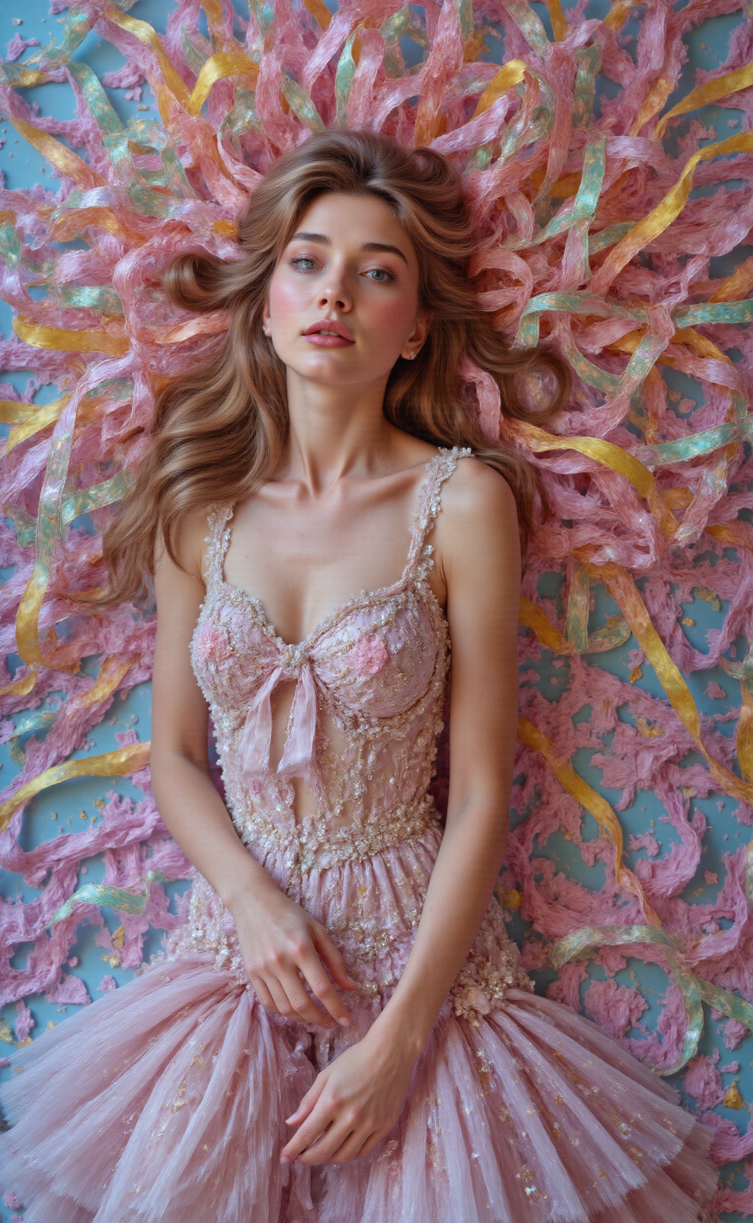 A beautiful woman lay with her long,  loose hair tangled in a large number of rainbow ribbons that sparkle like diamonds i...