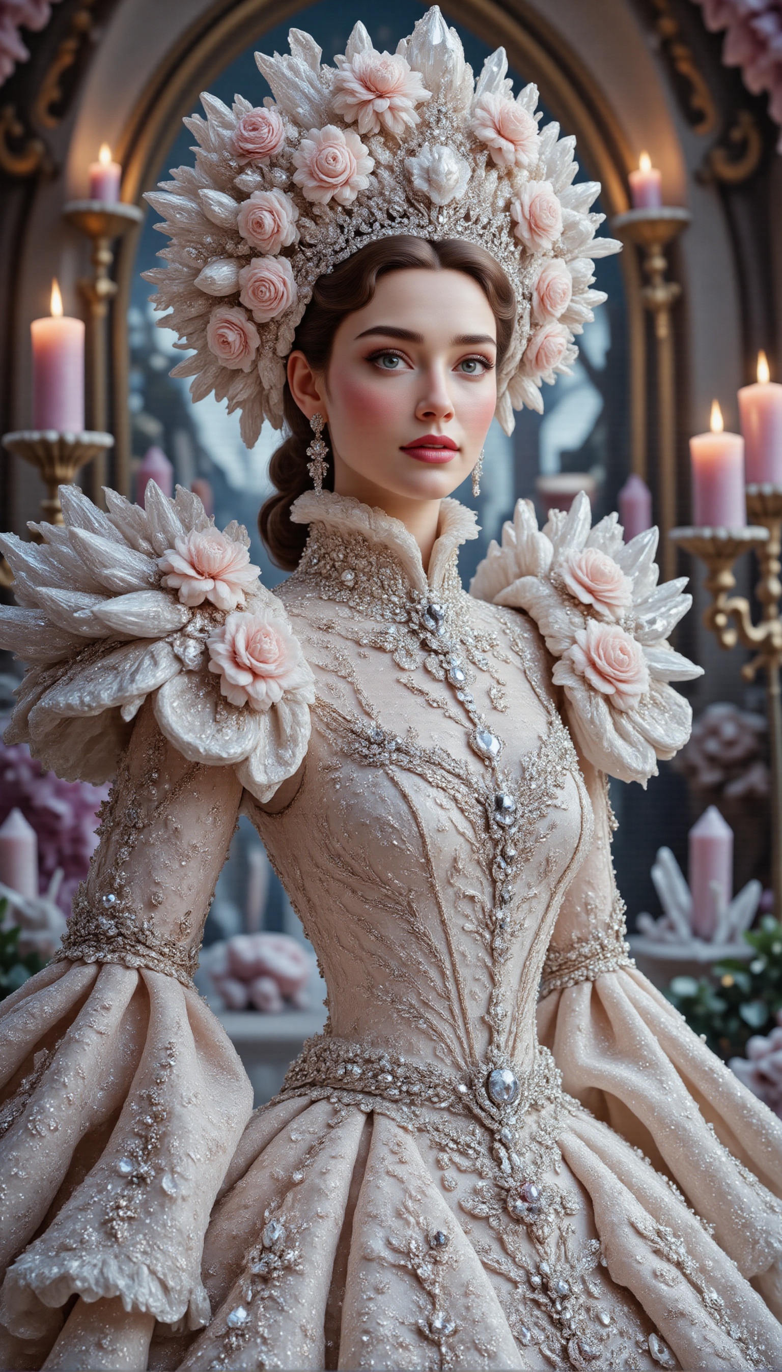 A beautiful woman is wearing a white knitted dress,  including headdress and accessories,  all made of snowflake-shaped th...