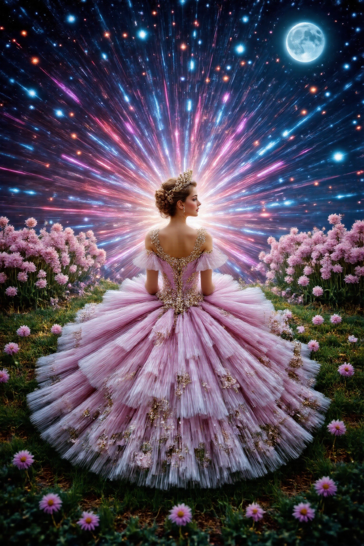 a beautiful princess,  dandelion field,  stars and moonlight rays on Tensor.Art