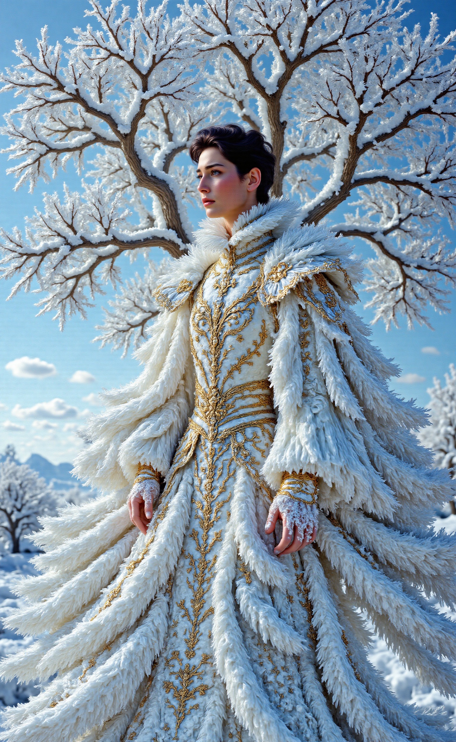 A handsome princess of snow with black hairs,  Standing gracefully in the snow. The background is a tree with very complic...