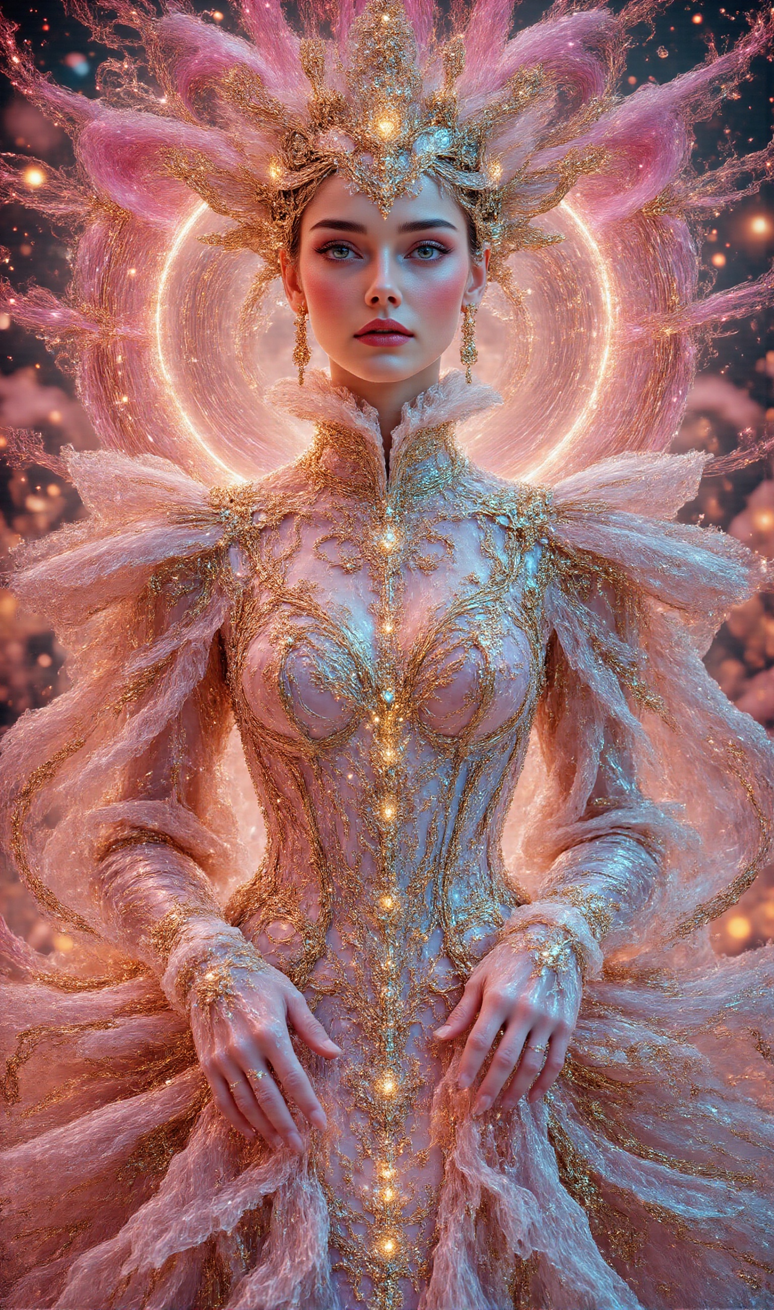 A beautiful woman as elegant as a model,  wearing a fashion dress inspired by fireworks. The dress contains neon lights ar...