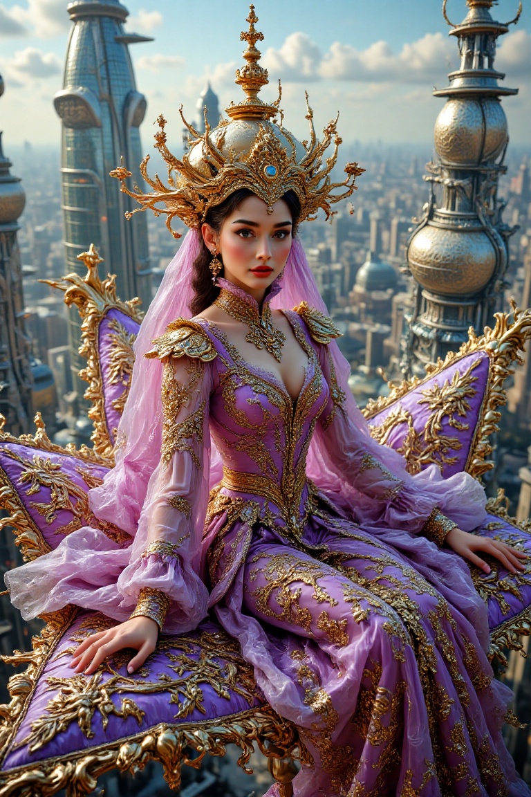 In this breathtaking masterpiece,  a beautiful elegant lady wears an aladdin princess costume,  effortlessly sitting on he...