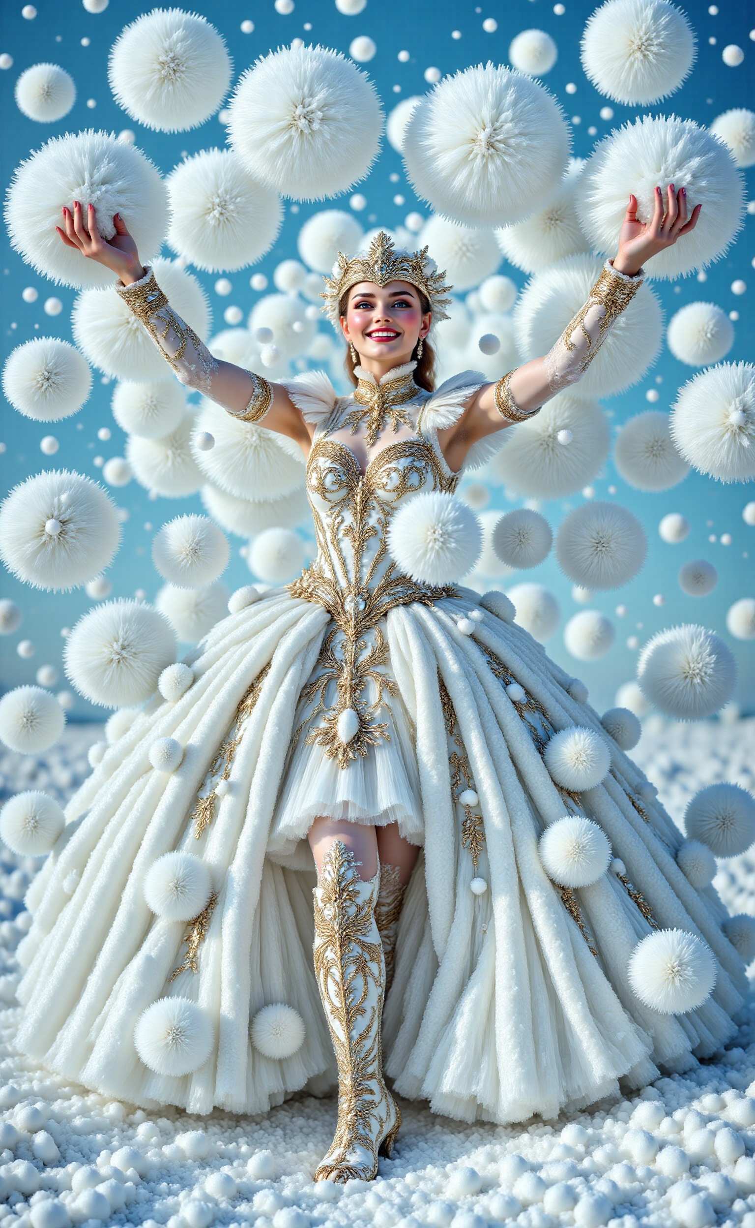 A majestic chiseled female physique emerges on a sunny day. The vibrant white and silver hues of her snowballs-inspired co...