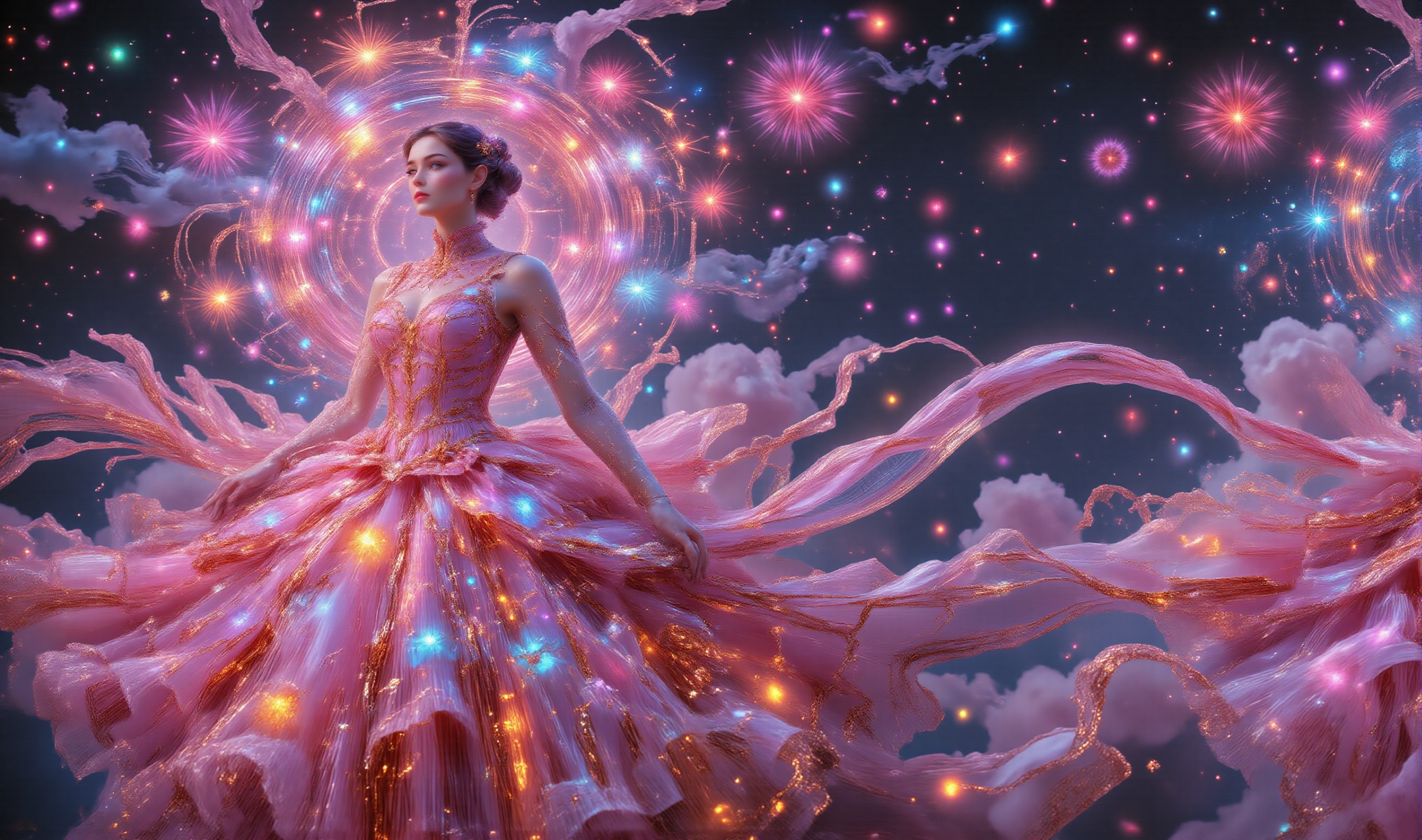 A beautiful woman as elegant as a model,  wearing a fashion dress inspired by fireworks. The dress contains neon lights ar...
