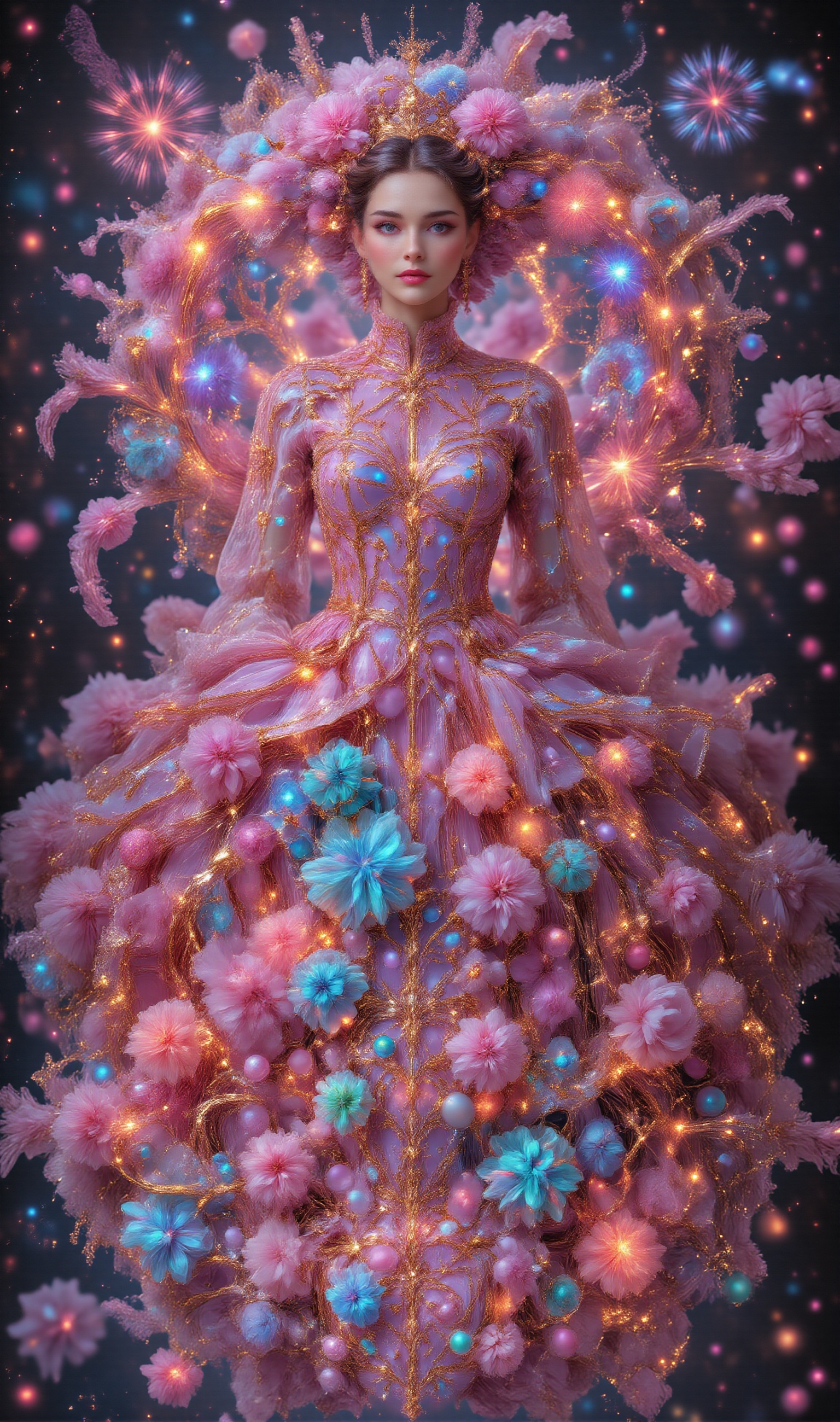 A beautiful woman as elegant as a model,  wearing a fashion dress inspired by fireworks. The dress contains neon lights ar...