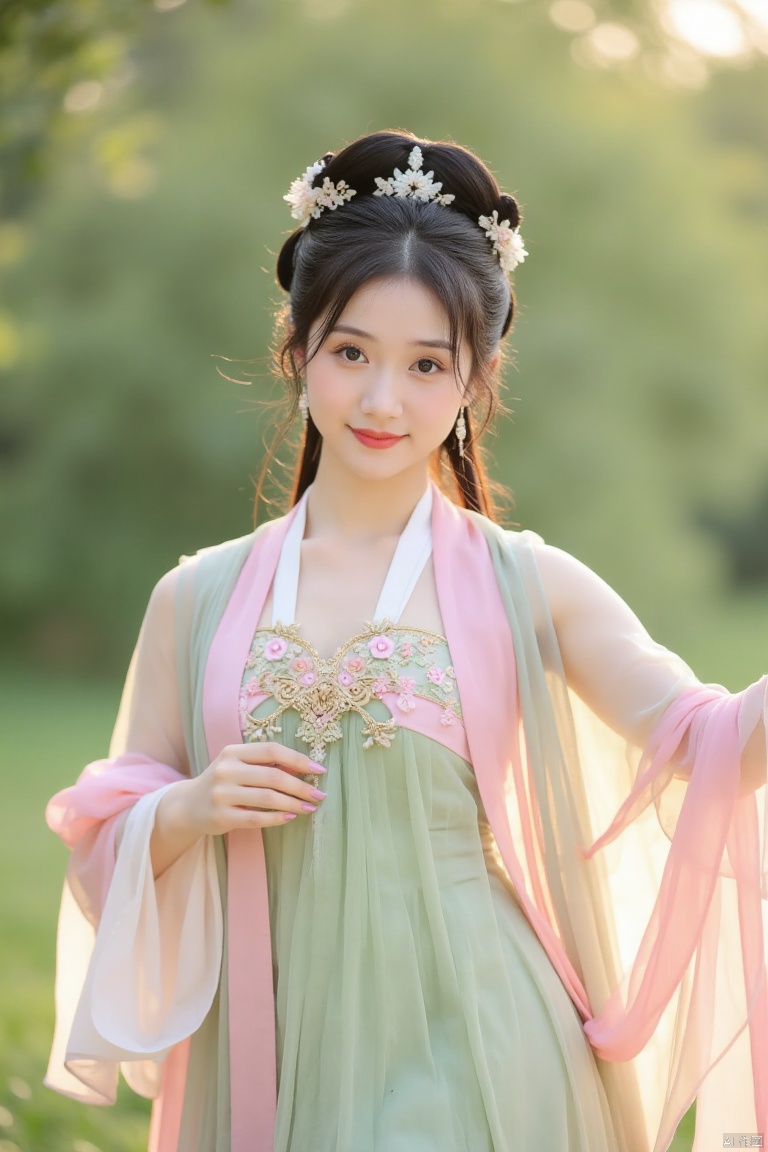 (a woman in classical dance costume,beautiful detailed eyes,beautiful detailed lips,extremely detailed eyes and face,long eyelashes,long flowing hair,wind blown sleeves,plump body,plump face,smiling expression,looking at camera,hazy morning light,best quality,4k,8k,highres,masterpiece:1.2,ultra-detailed,realistic,photorealistic,photo-realistic:1.37,HDR,UHD,studio lighting,ultra-fine painting,sharp focus,physically-based rendering,extreme detail description,professional,vivid colors,bokeh,artistic style lends reality,soft pastel tones,ethereal atmosphere,graceful pose,serene background)
负向提示