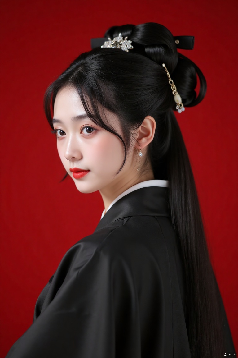 (black traditional outfit,high collar,long dark hair,elegant updo,decorative hairpin,solid red background),(best quality,4k,8k,highres,masterpiece:1.2),ultra-detailed,(realistic,photorealistic,photo-realistic:1.37),beautiful detailed eyes,beautiful detailed lips,extremely detailed eyes and face,long eyelashes,traditional hairstyle,refined makeup,graceful posture,side profile,serene expression,rich fabric texture,subtle shadows,soft lighting,high contrast,deep red tones,dramatic atmosphere,portrait photography,studio lighting,sharp focus,vivid colors,bokeh,