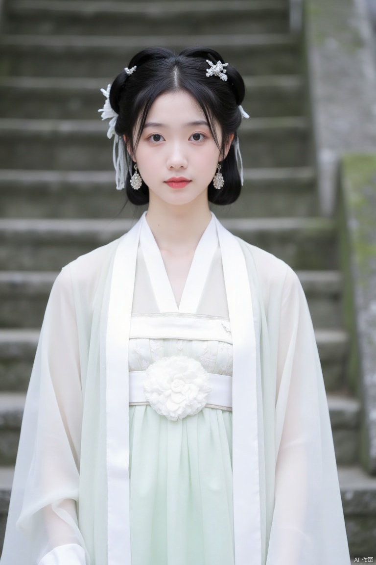 a young Asian woman wearing white Hanfu stood in front of a set of gray stone steps. Her hair was combed into a classical Chinese bun and she wore a silver hairpin, adding a touch of color to her face.