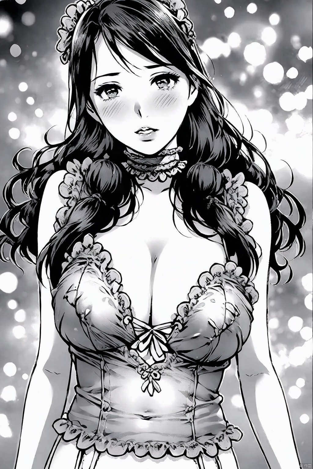 1girl
solo
long hair
breasts
blush
cleavage
underwear
monochrome
greyscale
choker
huge breasts
lingerie