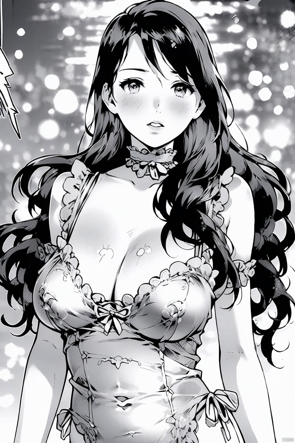 1girl
solo
long hair
breasts
blush
cleavage
underwear
monochrome
greyscale
choker
huge breasts
lingerie
