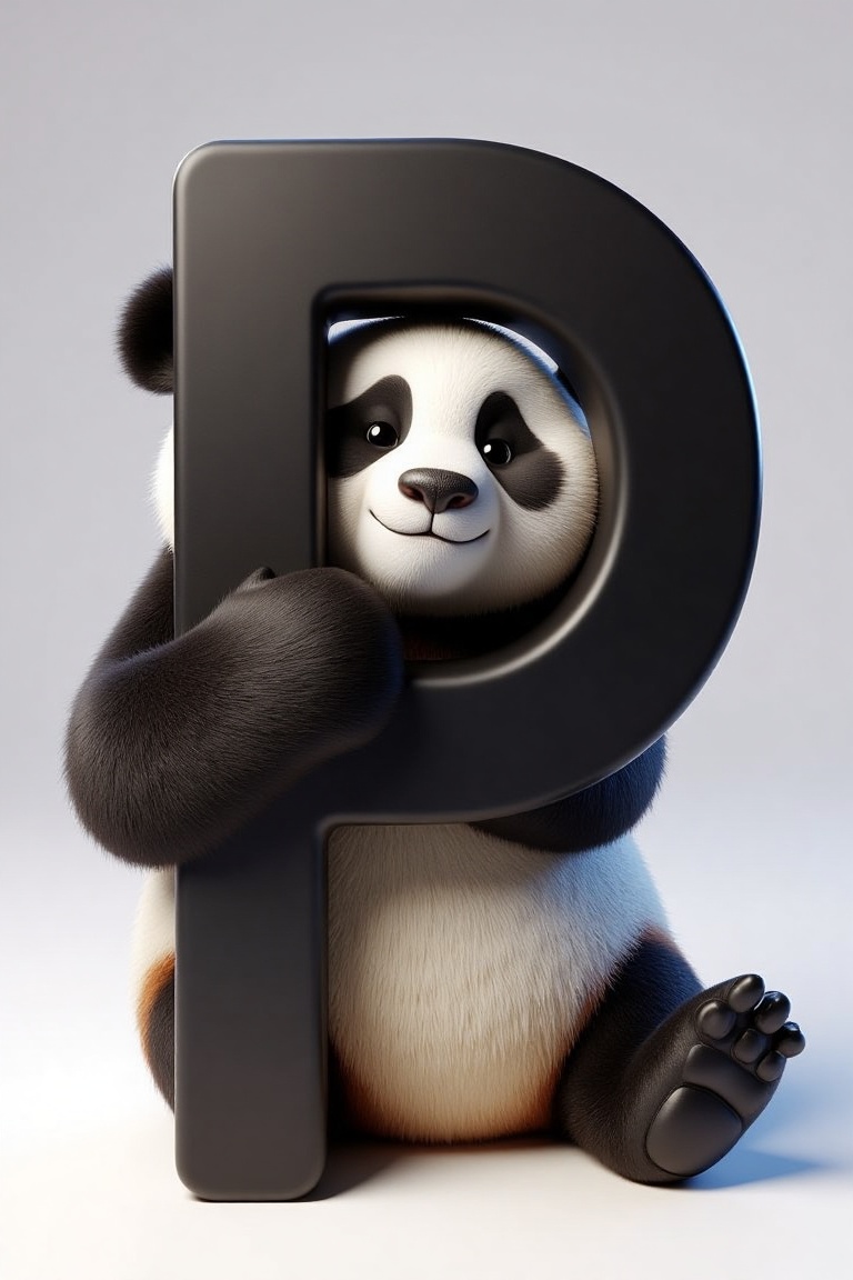 holding_alphabet,  A digital CGI image of a panda hugging a large black letter "P" in a playful on Tensor.Art