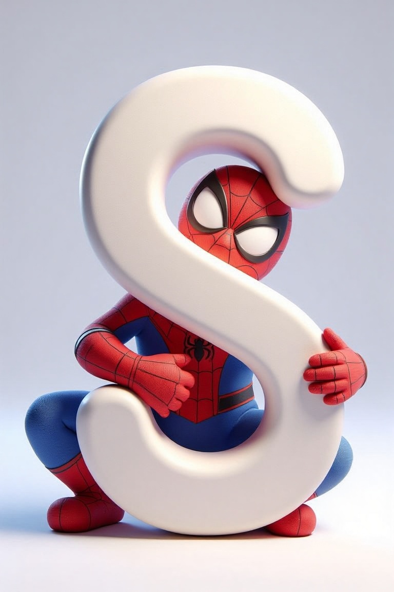 holding_alphabet,  A digital CGI image of a spiderman,  hugging a large white letter "S" in a playful on Tensor.Art