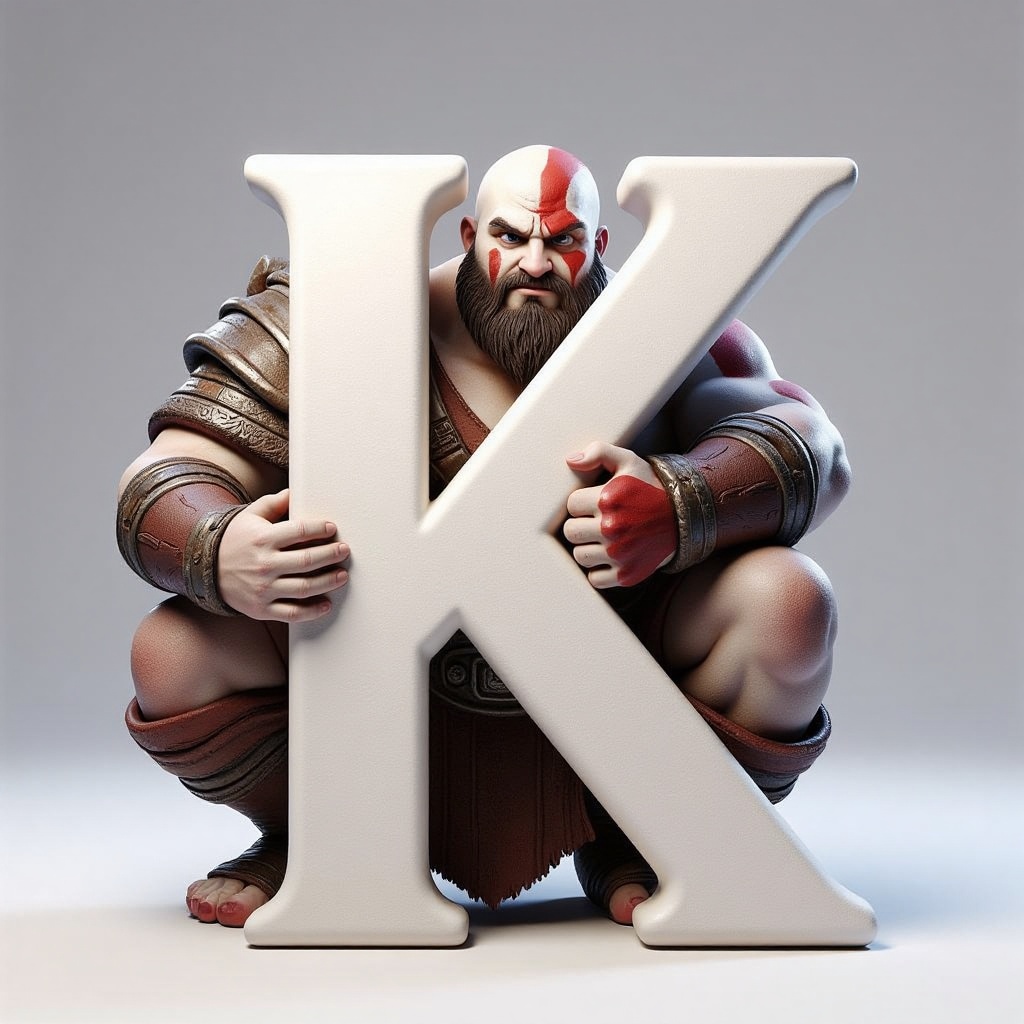 holding_alphabet,  A digital CGI image of a Kratos god of war,  hugging a large white letter "K" in a playful on Tensor.Art