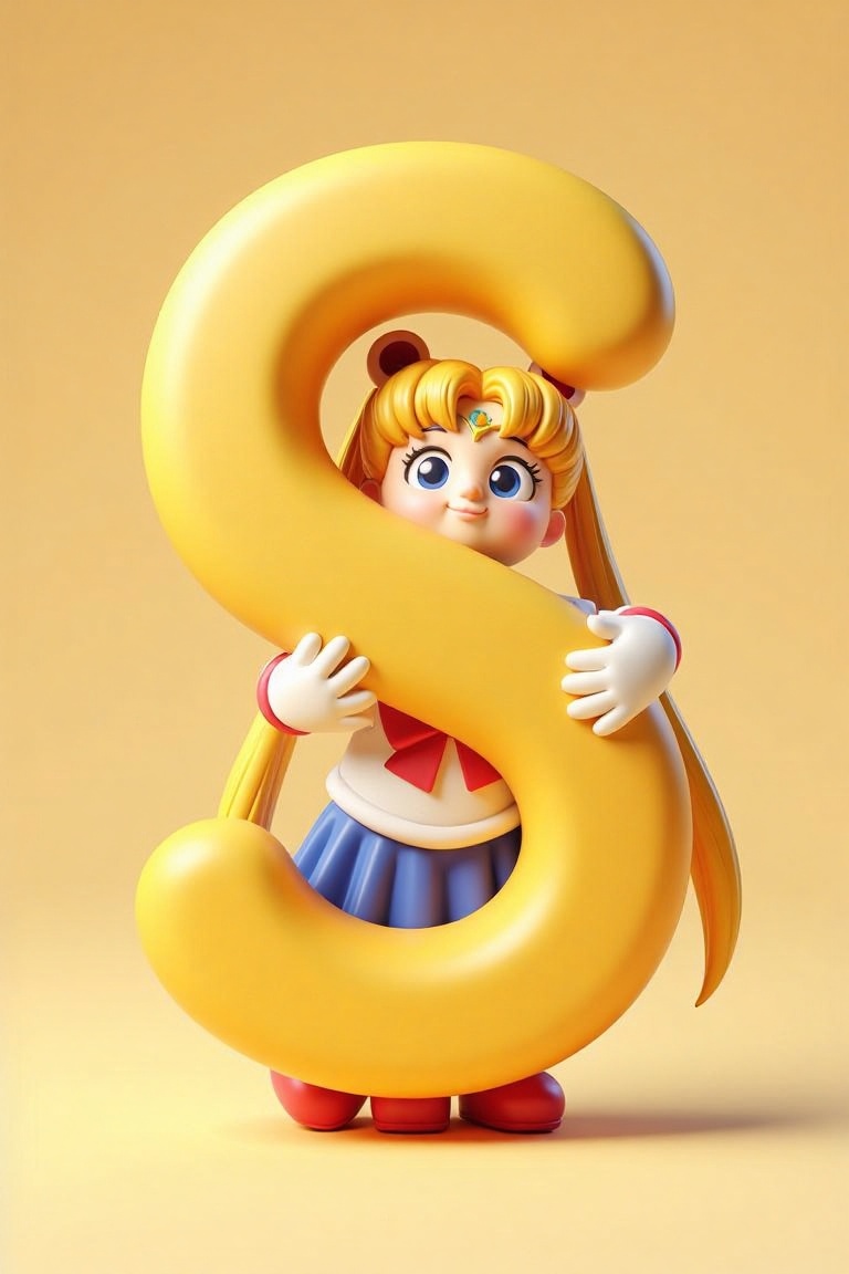 holding_alphabet,  A digital CGI image of a sailormoon e hugging a large yellow letter "S" in a playful on Tensor.Art