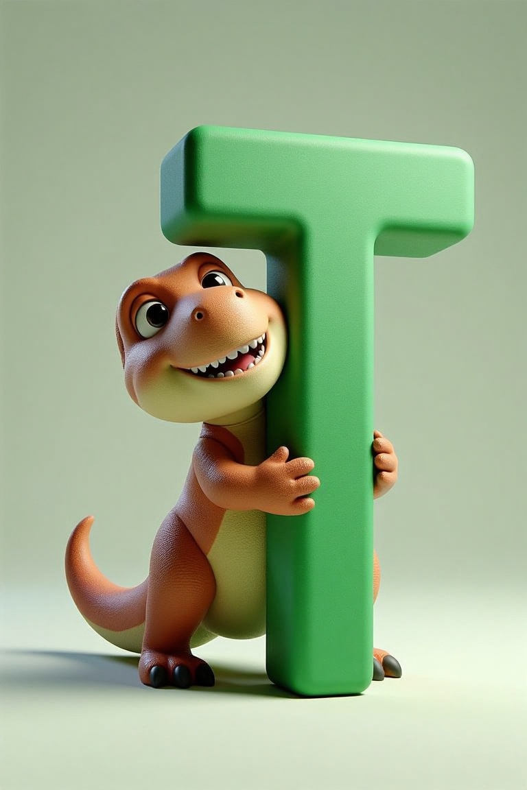 holding_alphabet,  A digital CGI image of a t rex hugging a large green letter "T" in a playful on Tensor.Art