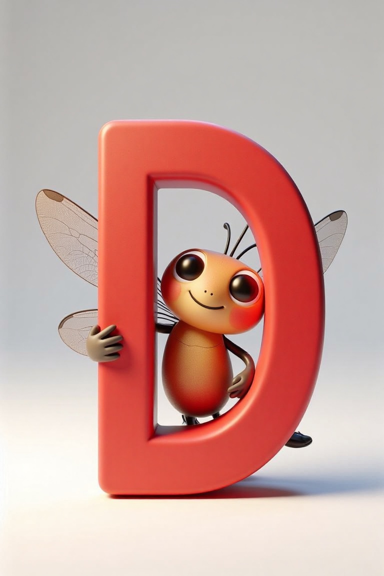 holding_alphabet,  A digital CGI image of a dragonfly hugging a large red letter "D" in a playful on Tensor.Art